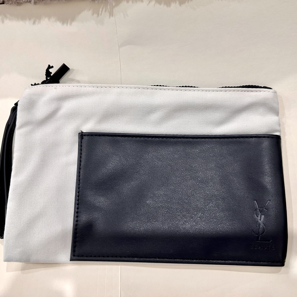 NEW Yves Saint Laurent YSL Large Dual Texture Cream and Black Wristlet Pouch Bag